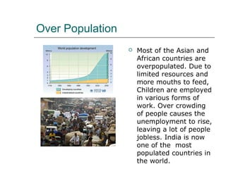 Over Population
 Most of the Asian and
African countries are
overpopulated. Due to
limited resources and
more mouths to feed,
Children are employed
in various forms of
work. Over crowding
of people causes the
unemployment to rise,
leaving a lot of people
jobless. India is now
one of the most
populated countries in
the world.
 