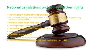 National Legislations protecting Children rights
The Child Labour (Prohibition and Regulation) Act, 1986
Procurement, bondage and exploitation of children below the age of 18 years in any
hazardous employment
Provisions under Indian Penal Code
Children (Pledging of Labour) Act, 1933
The Bonded Labour System (Abolition) Act, 1976
Factories Act, 1948
Plantation Labour Act, 1951
The Mines Act, 1952 – Amendment 1983
The Beedi and Cigar Workers (Conditions of Employment) Act, 1966
 