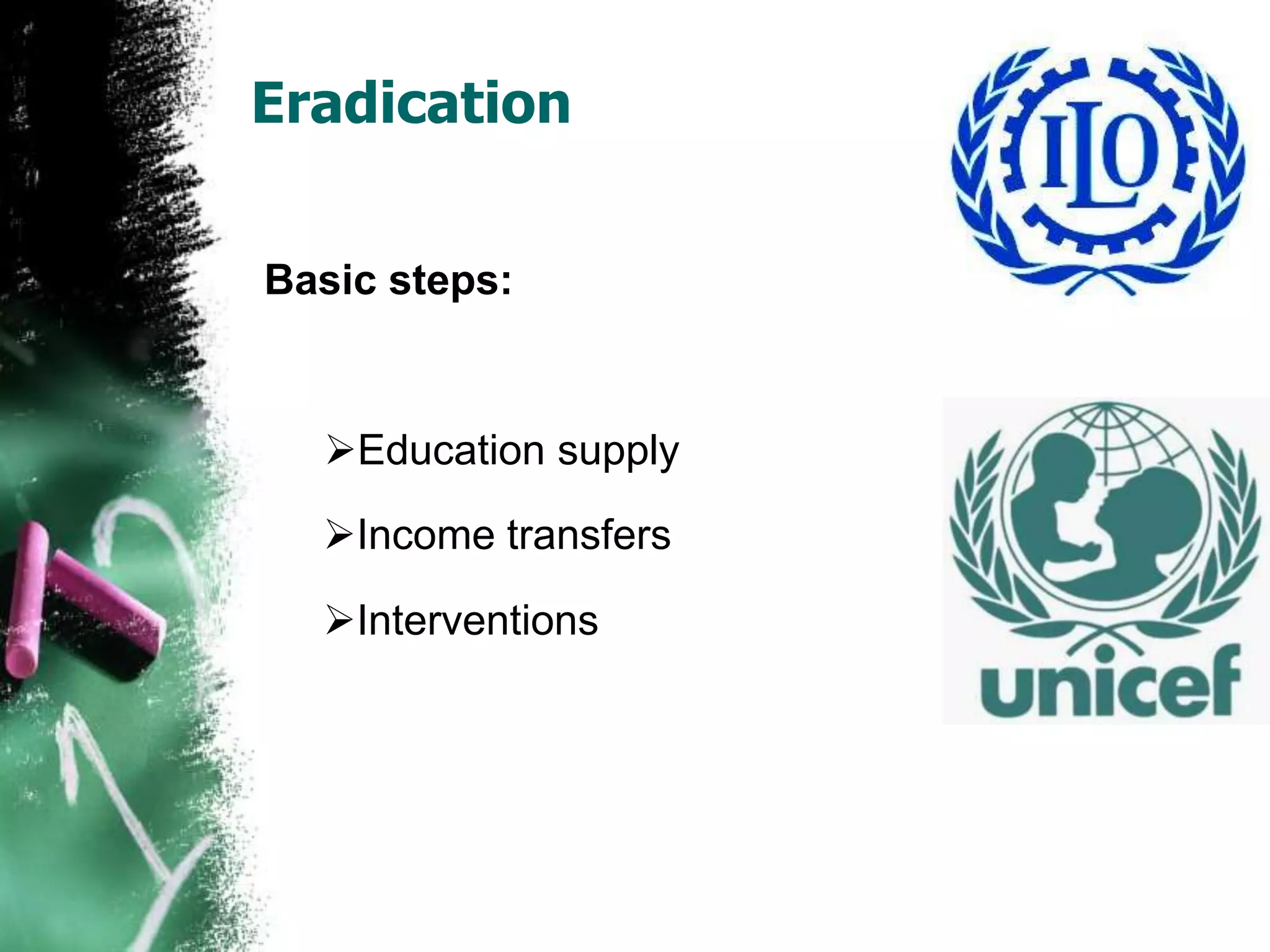 Eradication
Basic steps:
Education supply
Income transfers
Interventions