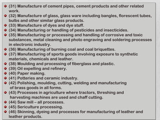(31) Manufacture of cement pipes, cement products and other related
work.
(32) Manufacture of glass, glass ware including bangles, florescent tubes,
bulbs and other similar glass products.
(33) Manufacture of dyes and dye stuff.
(34) Manufacturing or handling of pesticides and insecticides.
(35) Manufacturing or processing and handling of corrosive and toxic
substances, metal cleaning and photo engraving and soldering processes
in electronic industry.
(36) Manufacturing of burning coal and coal briquettes.
(37) Manufacturing of sports goods involving exposure to synthetic
materials, chemicals and leather.
(38) Moulding and processing of fiberglass and plastic.
(39) Oil expelling and refinery.
(40) Paper making.
(41) Potteries and ceramic industry.
(42) Polishing, moulding, cutting, welding and manufacturing
of brass goods in all forms.
(43) Processes in agriculture where tractors, threshing and
harvesting machines are used and chaff cutting.
(44) Saw mill – all processes.
(45) Sericulture processing.
(46) Skinning, dyeing and processes for manufacturing of leather and
leather products.

 