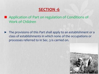 SECTION -6
Application of Part on regulation of Conditions of
Work of Children
The provisions of this Part shall apply to an establishment or a
class of establishments in which none of the occupations or
processes referred to in Sec. 3 is carried on.

 
