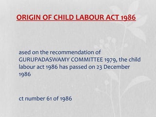 ORIGIN OF CHILD LABOUR ACT 1986

ased on the recommendation of
GURUPADASWAMY COMMITTEE 1979, the child
labour act 1986 has passed on 23 December
1986

ct number 61 of 1986

 