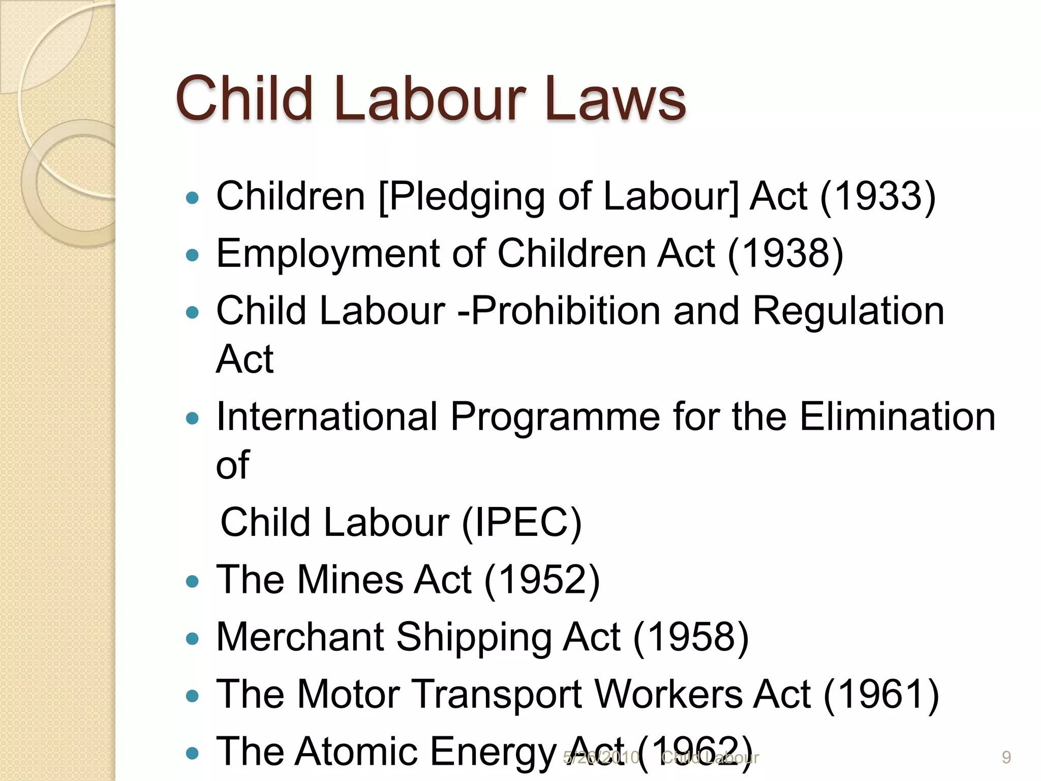 Child Labour LawsChildren [Pledging of Labour] Act (1933) Employment of Children Act (1938) Child Labour -Prohibition and Regulation Act International Programme for the Elimination of Child Labour (IPEC)The Mines Act (1952) Merchant Shipping Act (1958) The Motor Transport Workers Act (1961) The Atomic Energy Act (1962) 5/25/20109Child Labour