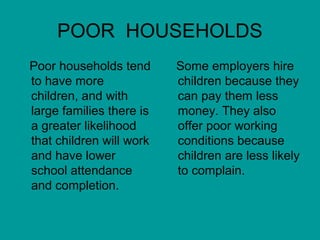 POOR HOUSEHOLDS 
Poor households tend 
to have more 
children, and with 
large families there is 
a greater likelihood 
that children will work 
and have lower 
school attendance 
and completion. 
Some employers hire 
children because they 
can pay them less 
money. They also 
offer poor working 
conditions because 
children are less likely 
to complain. 
 