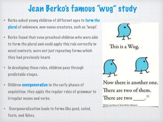 Jean Berko’s famous “wug” study
• Berko asked young children of different ages to form the
plural of unknown, non-sense creatures, such as “wugs".
• Berko found that even preschool children who were able
to form the plural and could apply this rule correctly in
novel contexts, were not just repeating forms which
they had previously heard.
• In developing these rules, children pass through
predictable stages.
• Children overgeneralize in the early phases of
acquisition, they apply the regular rules of grammar to
irregular nouns and verbs.
• Overgeneralization leads to forms like goed, eated,
foots, and ﬁshes.
 