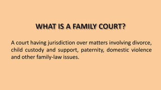 A court having jurisdiction over matters involving divorce,
child custody and support, paternity, domestic violence
and other family-law issues.
 