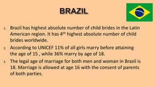 1. Brazil has highest absolute number of child brides in the Latin
American region. It has 4th highest absolute number of child
brides worldwide.
2. According to UNICEF 11% of all girls marry before attaining
the age of 15 , while 36% marry by age of 18.
3. The legal age of marriage for both men and woman in Brazil is
18. Marriage is allowed at age 16 with the consent of parents
of both parties.
 