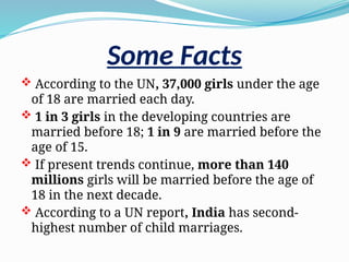 Some Facts
 According to the UN, 37,000 girls under the age
of 18 are married each day.
 1 in 3 girls in the developing countries are
married before 18; 1 in 9 are married before the
age of 15.
 If present trends continue, more than 140
millions girls will be married before the age of
18 in the next decade.
 According to a UN report, India has second-
highest number of child marriages.
 