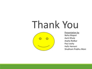 Thank YouPresentation by
Neha Mapari
Aarti Dhole
Arpita Redkar
Paul Joshy
Hafiz Hemani
Shubham Prabhu Moni
 