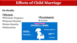 On Health,
Physical:
Premature Pregnancy
Maternal Mortality
Infant Mortality
Malnutrition
Psychological:
Anxiety
Depression
 