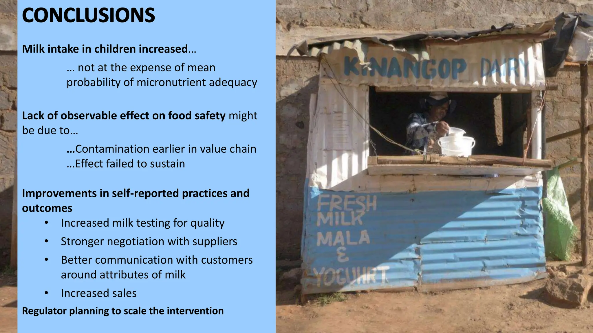 Milk intake in children increased…
… not at the expense of mean
probability of micronutrient adequacy
Lack of observable effect on food safety might
be due to…
…Contamination earlier in value chain
…Effect failed to sustain
Improvements in self-reported practices and
outcomes
• Increased milk testing for quality
• Stronger negotiation with suppliers
• Better communication with customers
around attributes of milk
• Increased sales
Regulator planning to scale the intervention
 