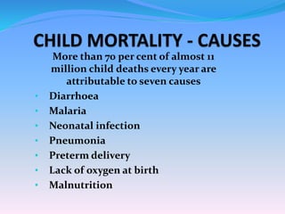 More than 70 per cent of almost 11
million child deaths every year are
attributable to seven causes
• Diarrhoea
• Malaria
• Neonatal infection
• Pneumonia
• Preterm delivery
• Lack of oxygen at birth
• Malnutrition
 