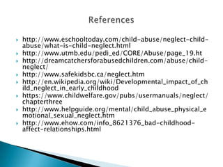    http://www.eschooltoday.com/child-abuse/neglect-child-
    abuse/what-is-child-neglect.html
   http://www.utmb.edu/pedi_ed/CORE/Abuse/page_19.ht
   http://dreamcatchersforabusedchildren.com/abuse/child-
    neglect/
   http://www.safekidsbc.ca/neglect.htm
   http://en.wikipedia.org/wiki/Developmental_impact_of_ch
    ild_neglect_in_early_childhood
   https://www.childwelfare.gov/pubs/usermanuals/neglect/
    chapterthree
   http://www.helpguide.org/mental/child_abuse_physical_e
    motional_sexual_neglect.htm
   http://www.ehow.com/info_8621376_bad-childhood-
    affect-relationships.html
 