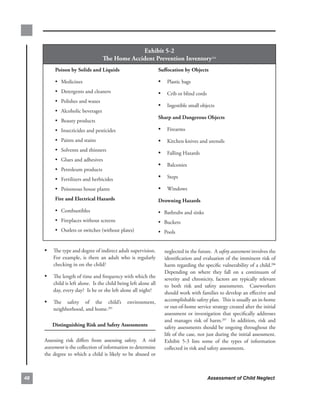 exhibit.5-2.
                                    The.Home.accident.Prevention.inventory204
          Poison.by.solids.and.liquids                               suffocation.by.objects

          • Medicines                                                • Plastic.bags
          • Detergents.and.cleaners                                  • Crib.or.blind.cords
          • Polishes.and.waxes
                                                                     • Ingestible.small.objects
          • Alcoholic.beverages
                                                                     sharp.and.dangerous.objects
          • Beauty.products
          • Insecticides.and.pesticides                              • Firearms
          • Paints.and.stains                                        • Kitchen.knives.and.utensils
          • Solvents.and.thinners
                                                                     • Falling.Hazards
          • Glues.and.adhesives
                                                                     • Balconies
          • Petroleum.products
          • Fertilizers.and.herbicides                               • Steps
          • Poisonous.house.plants                                   • Windows
          fire.and.electrical.Hazards                                drowning.Hazards
          • Combustibles                                             • Bathtubs.and.sinks
          • Fireplaces.without.screens                               • Buckets
          • Outlets.or.switches.(without.plates)                     • Pools


     • The.type.and.degree.of.indirect.adult.supervision..
                                                         .             neglected.in.the.future...A.safety assessment involves.the.
         For. example,. is. there. an. adult. who. is. regularly.      identification.and.evaluation.of.the.imminent.risk.of.
         checking.in.on.the.child?                                     harm.regarding.the.specific.vulnerability.of.a.child.206.
                                                                       Depending. on. where. they. fall. on. a. continuum. of.
     •   The.length.of.time.and.frequency.with.which.the.              severity. and. chronicity,. factors. are. typically. relevant.
         child.is.left.alone...Is.the.child.being.left.alone.all.      to. both. risk. and. safety. assessments.. . Caseworkers.
         day,.every.day?..Is.he.or.she.left.alone.all.night?           should.work.with.families.to.develop.an.effective.and.
     • The. safety. of. the. child’s. environment,.                    accomplishable.safety.plan...This.is.usually.an.in-home.
         neighborhood,.and.home.205                                    or.out-of-home.service.strategy.created.after.the.initial.
                                                                       assessment. or. investigation. that. specifically. addresses.
                                                                       and. manages. risk. of. harm.207. . In. addition,. risk. and.
         distinguishing.risk.and.safety.assessments                    safety.assessments.should.be.ongoing.throughout.the.
                                                                       life.of.the.case,.not.just.during.the.initial.assessment..   .
     Assessing. risk. differs. from. assessing. safety.. . A. risk     Exhibit. 5-3. lists. some. of. the. types. of. information.
     assessment is.the.collection.of.information.to.determine.         collected.in.risk.and.safety.assessments.
     the.degree.to.which.a.child.is.likely.to.be.abused.or.



8                                                                                            Assessment of Child Neglect
 