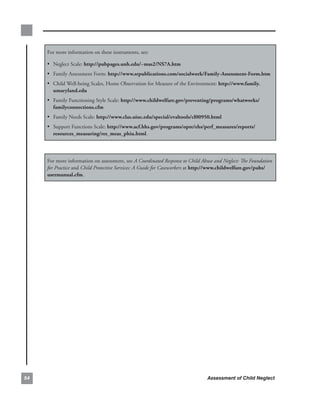 For.more.information.on.these.instruments,.see:.

     • Neglect.Scale:.http://pubpages.unh.edu/~mas2/ns7a.htm.
     • Family.Assessment.Form:.http://www.srpublications.com/socialwork/family-assessment-form.htm
     • Child.Well-being.Scales,.Home.Observation.for.Measure.of.the.Environment:.http://www.family.
       umaryland.edu
     • Family.Functioning.Style.Scale:.http://www.childwelfare.gov/preventing/programs/whatworks/
       familyconnections.cfm
     • Family.Needs.Scale:.http://www.clas.uiuc.edu/special/evaltools/cl00950.html.
     • Support.Functions.Scale:.http://www.acf.hhs.gov/programs/opre/ehs/perf_measures/reports/
       resources_measuring/res_meas_phiu.html.




     For.more.information.on.assessment,.see.A Coordinated Response to Child Abuse and Neglect: The Foundation
     for Practice and.Child Protective Services: A Guide for Caseworkers.at.http://www.childwelfare.gov/pubs/
     usermanual.cfm.




                                                                             Assessment of Child Neglect
 