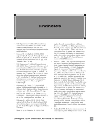 Endnotes



1
 .   U.S..Department.of.Health.and.Human.Services,.                   neglect:.Research.recommendations.and.future.
     Administration.for.Children.and.Families.(ACF)..                 directions..In.H..Dubowitz.(Ed.),.Neglected children:
     (2006)..Child Maltreatment 2004.[On-line]..                      Research, practice, and policy.(pp..261–277)..Thousand.
     Available:.http://www.acf.hhs.gov/programs/cb/pubs/              Oaks,.CA:.Sage;.Grayson,.J..(2001)..The.state.of.
     cm04/index.htm.                                                  child.neglect..In.T..D..Morton..B..Salovitz.(Eds.),.
2
 .   Erickson,.M..F.,..Egeland,.B..(2002)..Child.                    The CPS response to child neglect: An administrator’s
     neglect..In.J..E..B..Myers,.L..Berliner,.J..Briere,.C..T..       guide to theory,.policy, program design and case practice.
     Hendrix,.C..Jenny,..T..A..Reid.(Eds.),.The APSAC                (pp..1-1–1-34)..Duluth,.GA:.National.Resource.
     handbook on child maltreatment (2nd.ed.,.pp..3–20)..             Center.on.Child.Maltreatment..
     Thousand.Oaks,.CA:.Sage.                                     .
                                                                  8
                                                                      Sullivan,.S..(2000)..Child neglect: Current definitions
3
 .   U.S..Department.of.Health.and.Human.Services,.                   and models—A review of child neglect research, 1993-
     ACF..(2003)..Research to practice: Reducing re-referral          1998..Ottawa,.Canada:.National.Clearinghouse.on.
     in unsubstantiated child protective services cases.[On-          Family.Violence;.Gaudin,.J..(1993a)..Child neglect:
     line]..Available:.http://www.childwelfare.gov/pubs/              A guide for intervention..Washington,.DC:.U.S..
     focus/researchtopractice;.English,.D.,.Graham,.J..C.,.           Department.of.Health.and.Human.Services;.Zuravin,.
     Brummel,.S..C.,.Coghlan,.L..K.,..Clark,.T..(2002)..             S..J..(1991)..Research.definitions.of.child.physical.
     Factors that influence the decision not to substantiate          abuse.and.neglect:.Current.problems..In.R..H..Starr.
     a CPS referral. Phase II: Mail and telephone surveys             .D..A..Wolfe.(Eds.),.The effects of child abuse and
     of child protective services social workers [On-line]..          neglect.(pp..100–128)..New.York,.NY:.Guilford.Press;.
     Available: http://www1.dshs.wa.gov/pdf/ca/                       Dubowitz,.H..(2000)..What.is.child.neglect?.In.H..
     CPSFctrs2.pdf.                                                   Dubowitz..D..DePanfilis.(Eds.),.Handbook for child
                                                                      protection practice (pp..10–14)..Thousand.Oaks,.CA:.
4
 .   Garbarino,.J.,..Collins,.C..C..(1999)..Child.                   Sage;.Zuravin,.S..(2001)..Issues.pertinent.to.defining.
     neglect:.The.family.with.a.hole.in.the.middle..In.H..            child.neglect..In.T..D..Morton..B..Salovitz.(Eds.),.
     Dubowitz.(Ed.),.Neglected children: Research, practice,          The CPS response to child neglect: An administrator’s
     and policy (pp..1–23)..Thousand.Oaks,.CA:.Sage..                 guide to theory, policy, program design and case practice.
5
 .   DePanfilis,.D.,..Dubowitz,.H..(2003,.February)..                (pp..2-1–2-22)..Duluth,.GA:.National.Resource.
     Child neglect: Confronting the challenges..Presented.at.         Center.on.Child.Maltreatment;.DePanfilis,.D..
     the.APSAC.Training.Institute,.San.Diego,.CA.                     (2004)..Child neglect: Working to increase safety
                                                                      and well-being. Presented.at.the.Family.Advocacy.
6
 .   Dubowitz,.H.,..Black,.M..M..(2001)..Child.                      Training.Section,.Soldier..Family.Support.Branch,.
     neglect..In.R..M..Reece..S..Ludwig.(Eds.),.Child                Department.of.Preventive.Health.Services,.Army.
     abuse: Medical diagnosis and management (2nd.ed.,.               Medical.Department.Center..School,.San.Antonio,.
     pp..339–362). Philadelphia,.PA:.Lippincott,.Williams.            TX.
     .Wilkins..
                                                                  .
                                                                  9
                                                                      English,.D..(1999)..Evaluation.and.risk.assessment.of.
7
 .   Black,.M..M.,..Dubowitz,.H..(1999)..Child.                      child.neglect.in.public.child.protection.services..In.H..




Child Neglect: A Guide for Prevention, Assessment, and Intervention                                                                
 