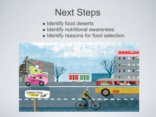 Next Steps
Identify food deserts
Identify nutritional awareness
Identify reasons for food selection
 
