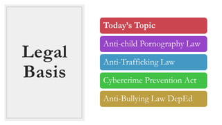 Legal
Basis
Today’s Topic
Anti-child Pornography Law
Anti-Trafficking Law
Cybercrime Prevention Act
Anti-Bullying Law DepEd
 