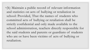 ◦If an incident of bullying or retaliation
involves students from more than one
school, the school first informed of the
b...