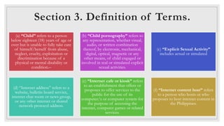 Section 3. Definition of Terms.
(a) “Child” refers to a person
below eighteen (18) years of age or
over but is unable to f...