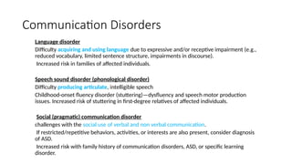 Communication Disorders
Language disorder
Difficulty acquiring and using language due to expressive and/or receptive impairment (e.g.,
reduced vocabulary, limited sentence structure, impairments in discourse).
Increased risk in families of affected individuals.
Speech sound disorder (phonological disorder)
Difficulty producing articulate, intelligible speech
Childhood-onset fluency disorder (stuttering)—dysfluency and speech motor production
issues. Increased risk of stuttering in first-degree relatives of affected individuals.
Social (pragmatic) communication disorder
challenges with the social use of verbal and non verbal communication.
If restricted/repetitive behaviors, activities, or interests are also present, consider diagnosis
of ASD.
Increased risk with family history of communication disorders, ASD, or specific learning
disorder.
 