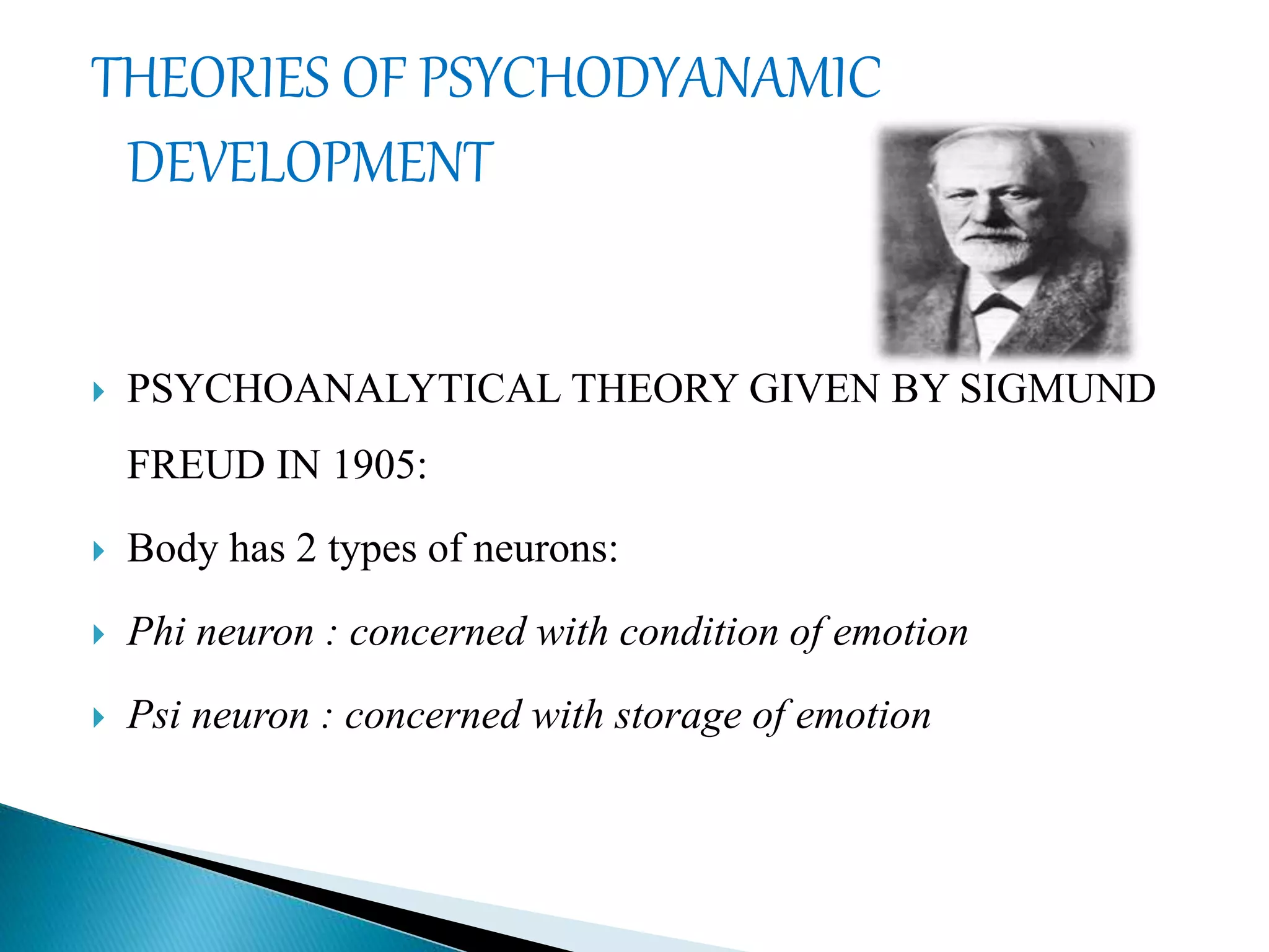 THEORIES OF PSYCHODYANAMIC
DEVELOPMENT
 PSYCHOANALYTICAL THEORY GIVEN BY SIGMUND
FREUD IN 1905:
 Body has 2 types of neurons:
 Phi neuron : concerned with condition of emotion
 Psi neuron : concerned with storage of emotion
 