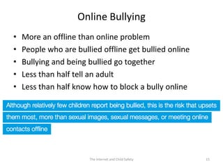 Online Bullying
•   More an offline than online problem
•   People who are bullied offline get bullied online
•   Bullying and being bullied go together
•   Less than half tell an adult
•   Less than half know how to block a bully online




                       The Internet and Child Safety    15
 