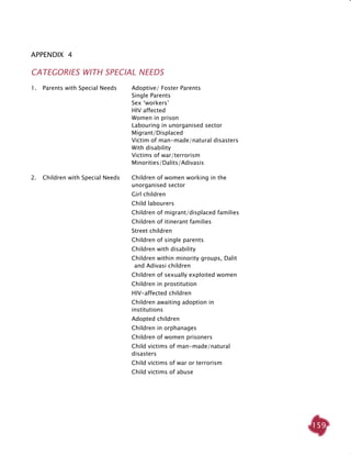 159
Appendix 4
CATEGORIES WITH SPECIAL NEEDS
1. 	 Parents with Special Needs	 Adoptive/ Foster Parents
			 Single Parents
			 Sex ‘workers’
			 HIV affected
			 Women in prison
			 Labouring in unorganised sector
			 Migrant/Displaced
			Victim of man-made/natural disasters
			 With disability
			Victims of war/terrorism
			 Minorities/Dalits/Adivasis
2.	 Children with Special Needs	 Children of women working in the 		
		 unorganised sector
			 Girl children
			 Child labourers
			 Children of migrant/displaced families
			 Children of itinerant families
			Street children
			 Children of single parents
			 Children with disability
			 Children within minority groups, Dalit 	
			and Adivasi children
			 Children of sexually exploited women
			 Children in prostitution
			 HIV-affected children
			 Children awaiting adoption in 			
		 institutions
			 Adopted children
			 Children in orphanages
			 Children of women prisoners
			 Child victims of man-made/natural 		
		 disasters
			 Child victims of war or terrorism
			 Child victims of abuse
 
