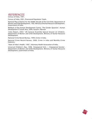 229
REFERENCES
Census of India, 1991.
Census of India, 2001, Provisional Population Totals.
National Plan of Action for the SAARC Decade of the Girl Child, Department of
Women and Child Development, 1992, Ministry of Human Resource Development,
Government of India.
Mahbub ul Haq Human Development Centre, ‘The Gender Question’, Human
Development in South Asia, 2000, Karachi, Pakistan
‘India Report, 2002,’ UN General Assembly Special Session on Children,
Department of Women and Child Development, Ministry of Human Resource
Development.
National Crime Record Bureau, 1999, Crime in India.
National Crime Record Bureau, 2000, Crime in India and Monthly Crime
Statistics.
‘State of India’s Health, 1992’, Voluntary Health Association of India.
Universal Children’s Day, 1998, ‘Empowered Girls  — Empowered Society’,
Department of Women and Child Development, Ministry of Human Resource
Development, Government of India.
 