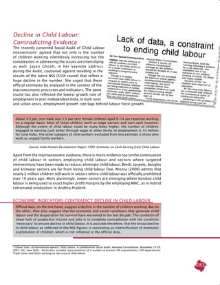 283
Decline in Child Labour:
Contradicting Evidence
The recently convened Social Audit of Child Labour
interventions2
agreed that not only is the number
of children working relentlessly increasing but the
complexities in addressing the issues are intensifying
as well. Jayati Ghosh, in her keynote address
during the Audit, cautioned against revelling in the
results of the latest NSS (55th round) that reflect a
huge decline in the number. She urged that these
official estimates be analysed in the context of the
macroeconomic processes and indicators. The same
round has also reflected the lowest growth rate of
employment in post-independent India. In both rural
and urban areas, employment growth rate lags behind labour force growth.
About 4.4 per cent male and 3.5 per cent female children aged 6-14 are reported working
on a regular basis. Most of these children work as wage earners and earn cash incomes.
Although the extent of child labour could be many times higher, the number of children
engaged in earning cash either through wage or other forms of employment is 10 million
for rural India. The other category of child workers excluded from this estimate is those who
work as unpaid family workers.
Source: India Human Development Report 1999: Estimates on Cash Earning from Child Labour.
Apart from the macroeconomic evidence, there is micro evidence too on the continuation
of child labour in sectors employing child labour and sectors where targeted
interventions have been made to reduce/eliminate child labour. Beedi, carpets, bangles
and knitwear sectors are far from being child labour free. Mishra (2000) admits that
nearly 2 million children still work in sectors where child labour was officially prohibited
over 10 years ago. More alarmingly, newer sectors are emerging where bonded child
labour is being used to exact higher profit margins by the employing MNC, as in hybrid
cottonseed production in Andhra Pradesh.
2
Fifteen Years of Intervention against Child Labour, A collaborative Social Audit, National Consultation, November 27-29,
2001, IHC, New Delhi. Particulars included representatives of a number of premier UN organisations, GOI departments,
Trade Union and NGOs working on the issue of child labour.
Official data, on the one hand, suggest a decline in the number of children working. But on
the other, they also suggest that the economic and social conditions that generate child
labour and the desperation for survival have worsened in the last decade. The condition of
sheer lack of productive income and jobs is in complete contradiction with the condition
‘necessary’ to ensure decline in child labour. It is possible therefore, that the broad decline
in child labour as reflected in the NSS figures is concealing an intensification of economic
exploitation of children, which is not reflected in the official data.
Economic Indicators Contradict Decline in Child Labour
 