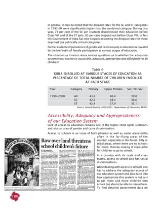 100
In general, it may be noted that the dropout rates for the SC and ST categories
in 1993-94 were significantly higher than the combined category. During that
year, 73 per cent of the SC girl students discontinued their education before
Class VIII and of the ST girls, 83 per cent dropped out before Class VIII. In fact
the Government of India has now stopped reporting the dropout rates for these
deprived but politically critical categories.
Further evidence of persistence of gender and caste inequity in education is revealed
by the low levels of female participation at various stages of education.
The situation as it exists raises serious questions as to whether the education
system in our country is accessible, adequate, appropriate and affordable for all
children?
Table 6
GIRLS ENROLLED AT VARIOUS STAGES OF EDUCATION AS
PERCENTAGE OF TOTAL NUMBER OF CHILDREN ENROLLED
AT EACH STAGE
	 Year	 Category	 Primary	 Upper Primary	 Sec./Hr. Sec.
	 1999-2000	 All	 43.6	 40.4	 39.0
		 SC	 42.2	 38.4	 36.6
		 ST	 42.4	 37.9	 35.1
Source: Annual Report, 2000-2001, Department of Education, MHRD.
Accessibility, Adequacy and Appropriateness
of our Education System
Lack of access to education remains one of the higher child rights violations
and also an area of gender and caste discrimination.
Access to schools is an issue of both physical as well as social accessibility
often in the far-flung areas of the
country, especially in the forest, hilly or
tribal areas, where there are no schools
for miles, thereby making it impossible
for children to go to school.
In a country with its caste and class
biases, access to school also has social
discriminations.
While dealing with access to schools one
has to address the adequacy aspect of
our education system and also delve into
how appropriate this system is not just
to get more and more children into
school but also to be able to retain them.
To find detailed government data on
 