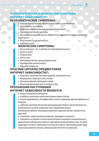 15
псИхологИЧескИе И фИзИЧескИе сИМптоМы
ИНтерНет-заВИсИМостИ8
:
псИхологИЧескИе сИМптоМы:
Хорошее самочувствие или эйфория во время работы за компьютером.
Невозможность остановиться.
Увеличение количества времени, проводимого в интернете.
Пренебрежение семьей и друзьями.
Возникновение ощущения пустоты, тревожности, раздражения в периоды пребывания
вне интернета.
Ложь близким о своей деятельности.
Проблемы в учебе.
фИзИЧескИе сИМптоМы:
Боль в кисти руки – (из-за длительного перенапряжения мышц).
Сухость в глазах.
Головные боли.
Боли в спине
Нерегулярное питание, пропуск приемов пищи.
Пренебрежение личной гигиеной.
Нарушения режима сна.
опасНые сИгНалы (предВестНИкИ
ИНтерНет-заВИсИМостИ)9
:
Навязчивое стремление постоянно проверять электронную почту
Предвкушение следующего сеанса онлайн.
Увеличение времени, проводимого онлайн.
Возрастание финансовых трат на интернет-услуги.
прИзНакаМИ НаступИВшей
ИНтерНет-заВИсИМостИ яВляЮтся:
полная поглощённость интернетом;
потребность неуклонного увеличения времени онлайн-сеансов;
наличие неоднократных, малоэффективных попыток сокращения времени пребывания в
интернете;
появление симптомов абстиненции при прекращении интернет-связи (повторная тяга,
возникновение и усиление напряжения через определённое время);
возникновение проблем с ближайшим окружением (одноклассниками, членами семьи,
друзьями);
стремление к сокрытию реального времени, проводимого в интернете;
зависимость настроения от использования интернета (выражается эмоциональным и
двигательным возбуждением, тревогой, навязчивыми размышлениями о том, что сейчас
происходит в интернете, фантазиями и мечтами об интернете, произвольными или непро-
извольными движения пальцев, напоминающими печатание на клавиатуре).
 