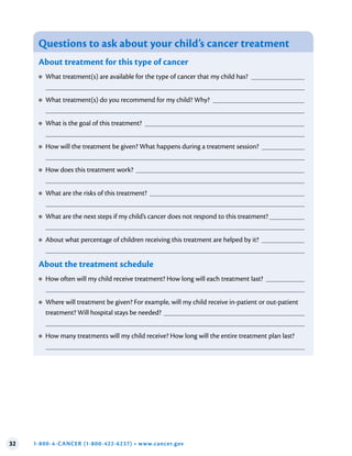 32 1-800-4-CANCER (1-800-422-6237) • www.cancer.gov
Questions to ask about your child’s cancer treatment
About treatment for this type of cancer
●
● What treatment(s) are available for the type of cancer that my child has?
●
● What treatment(s) do you recommend for my child? Why?
●
● What is the goal of this treatment?
●
● How will the treatment be given? What happens during a treatment session?
●
● How does this treatment work?
●
● What are the risks of this treatment?
●
● What are the next steps if my child’s cancer does not respond to this treatment?
●
● About what percentage of children receiving this treatment are helped by it?
About the treatment schedule
●
● How often will my child receive treatment? How long will each treatment last?
●
● Where will treatment be given? For example, will my child receive in-patient or out-patient
treatment? Will hospital stays be needed?
●
● How many treatments will my child receive? How long will the entire treatment plan last?
 