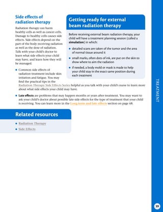 TREATMENT
39
Side effects of
radiation therapy
Radiation therapy can harm
healthy cells as well as cancer cells.
Damage to healthy cells causes side
effects. Side effects depend on the
part of the body receiving radiation
as well as the dose of radiation.
Talk with your child’s doctor to
learn what side effects your child
may have, and learn how they will
be managed.
●
● Common side effects of
radiation treatment include skin
irritation and fatigue. You may
find the practical tips in the
Related resources
●
● Radiation Therapy
●
● Side Effects
Getting ready for external
beam radiation therapy
Before receiving external beam radiation therapy, your
child will have a treatment planning session (called a
simulation) in which:
●
● detailed scans are taken of the tumor and the area
of normal tissue around it
●
● small marks, often dots of ink, are put on the skin to
show where to aim the radiation
●
● if needed, a body mold or mask is made to help
your child stay in the exact same position during
each treatment
Radiation Therapy Side Effects Series helpful as you talk with your child’s nurse to learn more
about what side effects your child may have.
●
● Late effects are problems that may happen months or years after treatment. You may want to
ask your child’s doctor about possible late side effects for the type of treatment that your child
is receiving. You can learn more in the Long-term and late effects section on page 68.
 