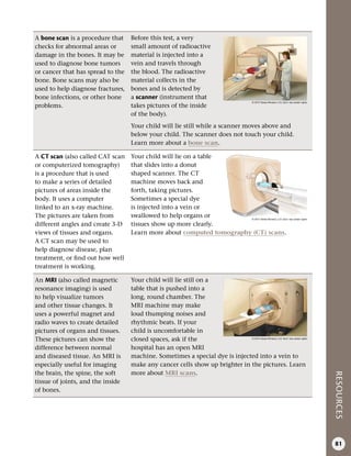RESOURCES
81
A bone scan is a procedure that
checks for abnormal areas or
damage in the bones. It may be
used to diagnose bone tumors
or cancer that has spread to the
bone. Bone scans may also be
used to help diagnose fractures,
bone infections, or other bone
problems.
Before this test, a very
small amount of radioactive
material is injected into a
vein and travels through
the blood. The radioactive
material collects in the
bones and is detected by
a scanner (instrument that
takes pictures of the inside
of the body).
Your child will lie still while a scanner moves above and
below your child. The scanner does not touch your child.
Learn more about a bone scan.
A CT scan (also called CAT scan
or computerized tomography)
is a procedure that is used
to make a series of detailed
pictures of areas inside the
body. It uses a computer
linked to an x-ray machine.
The pictures are taken from
different angles and create 3-D
views of tissues and organs.
A CT scan may be used to
help diagnose disease, plan
treatment, or find out how well
treatment is working.
Your child will lie on a table
that slides into a donut
shaped scanner. The CT
machine moves back and
forth, taking pictures.
Sometimes a special dye
is injected into a vein or
swallowed to help organs or
tissues show up more clearly.
Learn more about computed tomography (CT) scans.
An MRI (also called magnetic
resonance imaging) is used
to help visualize tumors
and other tissue changes. It
uses a powerful magnet and
radio waves to create detailed
pictures of organs and tissues.
These pictures can show the
difference between normal
and diseased tissue. An MRI is
especially useful for imaging
the brain, the spine, the soft
tissue of joints, and the inside
of bones.
Your child will lie still on a
table that is pushed into a
long, round chamber. The
MRI machine may make
loud thumping noises and
rhythmic beats. If your
child is uncomfortable in
closed spaces, ask if the
hospital has an open MRI
machine. Sometimes a special dye is injected into a vein to
make any cancer cells show up brighter in the pictures. Learn
more about MRI scans.
© 2015 Terese Winslow, U.S. Govt. has certain rights
© 2015 Terese Winslow, U.S. Govt. has certain rights
© 2015 Terese Winslow, U.S. Govt. has certain rights
 