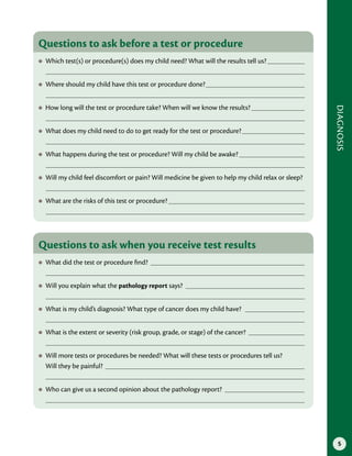 5
DIAGNOSIS
Questions to ask before a test or procedure
●
● Which test(s) or procedure(s) does my child need? What will the results tell us?
●
● Where should my child have this test or procedure done?
●
● How long will the test or procedure take? When will we know the results?
●
● What does my child need to do to get ready for the test or procedure?
●
● What happens during the test or procedure? Will my child be awake?
●
● Will my child feel discomfort or pain? Will medicine be given to help my child relax or sleep?
●
● What are the risks of this test or procedure?
Questions to ask when you receive test results
●
● What did the test or procedure find?
●
● Will you explain what the pathology report says?
●
● What is my child’s diagnosis? What type of cancer does my child have?
●
● What is the extent or severity (risk group, grade, or stage) of the cancer?
●
● Will more tests or procedures be needed? What will these tests or procedures tell us?
Will they be painful?
●
● Who can give us a second opinion about the pathology report?
 
