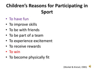 Children’s Reasons for Participating in
                Sport
•   To have fun
•   To improve skills
•   To be with friends
•   To be part of a team
•   To experience excitement
•   To receive rewards
•   To win
•   To become physically fit

                               (Wankel & Kreisel, 1985)
 