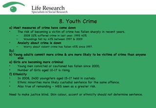 8. Youth Crime a) Most measures of crime have come down The risk of becoming a victim of crime has fallen sharply in recent years.  2008 22% suffered crime in last year. 1995 40% Woundings fell by 42% between 1997 & 2009 Anxiety about crime is down Worry about violent crime has fallen 45% since 1997. But b) Young adults commit more crime & are more likely to be victims of crime than anyone else e) Girls are becoming more criminal Young men convicted or cautioned has fallen since 2000,  Number of Girls aged 12-17 is rising. f) Ethnicity In 2008, 2400 youngsters aged 15-17 held in custody. Ethnic minorities more likely custodial sentence for the same offence.  Also true of remanding – MEG seen as a greater risk. Need to make justice blind. Skin colour, accent or ethnicity should not determine sentence. 