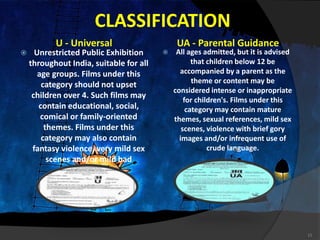 CLASSIFICATION
U - Universal UA - Parental Guidance
 Unrestricted Public Exhibition
throughout India, suitable for all
age groups. Films under this
category should not upset
children over 4. Such films may
contain educational, social,
comical or family-oriented
themes. Films under this
category may also contain
fantasy violence, very mild sex
scenes and/or mild bad
language.
 All ages admitted, but it is advised
that children below 12 be
accompanied by a parent as the
theme or content may be
considered intense or inappropriate
for children's. Films under this
category may contain mature
themes, sexual references, mild sex
scenes, violence with brief gory
images and/or infrequent use of
crude language.
11
 