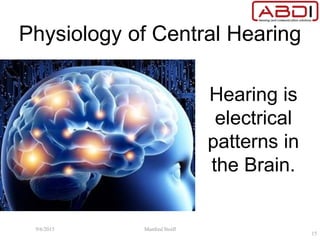 Physiology of Central Hearing
Hearing is
electrical
patterns in
the Brain.
9/6/2015 Manfred Stoifl
15
 