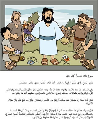 ‫رجل‬ ‫آالف‬ ‫خمسة‬ ‫يطعم‬ ‫ع‬‫يسو‬
َ‫ق‬َ‫ف‬‫فأش‬ ،ِّ‫ه‬ْ‫ي‬َ‫ل‬‫إ‬ ً‫ا‬‫ي‬ِّ‫آت‬ ِّ‫اس‬ّ‫الن‬ َ‫ن‬ِّ‫م‬ ً‫ا‬‫ر‬ْ‫ي‬ِّ‫ب‬َ‫ك‬ ً‫ا‬‫ر‬‫و‬ُ‫ه‬ْ‫م‬ُ‫ج‬ ‫أى‬َ‫ر‬َ‫ف‬ ،ُ‫ع‬‫و‬ ُ‫س‬َ‫ي‬ َ‫ر‬َ‫ظ‬َ‫ن‬َ‫و‬‫م‬ُ‫رضاه‬َ‫م‬ ‫ى‬َ‫ف‬‫وش‬ ‫م‬ِّ‫يه‬َ‫ل‬‫ع‬.
‫ا‬‫و‬‫وقال‬ ُ‫ه‬ُ‫ذ‬‫تالمي‬ ُ‫نه‬ِّ‫م‬ ‫نا‬َ‫د‬ ، ِّ‫المساء‬ ‫وفي‬:«‫ل‬ِّ‫ل‬ ْ‫ل‬ُ‫ق‬‫ف‬ ، ٌ‫ر‬ِّ‫قف‬ُ‫م‬ ُ‫المكان‬ ‫وهذا‬ ، ُ‫الوقت‬ َ‫فات‬‫إلى‬ ‫ا‬‫و‬‫ف‬ِّ‫نصر‬َ‫ي‬ ْ‫أن‬ ِّ‫اس‬ّ‫ن‬
‫ا‬ً‫طعام‬ ‫م‬ُ‫له‬ ‫ا‬‫و‬‫ر‬َ‫يشت‬ِّ‫ل‬ ‫ى‬‫ر‬ُ‫ق‬‫ال‬».ُ‫ع‬‫سو‬َ‫ي‬ ‫م‬ُ‫ه‬َ‫فأجاب‬:«‫م‬ِّ‫ه‬ِّ‫اف‬‫ر‬‫نص‬َ‫ال‬
َ
‫داعي‬ ‫ال‬.ُ‫أنت‬ ‫م‬ُ‫أعطوه‬َ‫ن‬‫يأكلو‬ ‫ما‬ ‫م‬».
‫ه‬َ‫ل‬ ‫ا‬‫و‬‫فقال‬:«َ‫م‬ َ‫س‬َ‫و‬ ِّ‫ر‬ْ‫ي‬ِّ‫ع‬‫الش‬ َ‫ن‬ِّ‫م‬ ٍ‫ة‬َ‫ف‬ِّ‫غ‬‫أر‬ ُ‫ة‬ َ‫س‬ْ‫م‬َ‫خ‬ ُ‫ه‬َ‫ع‬َ‫م‬ ٌ‫ر‬ْ‫ي‬ِّ‫غ‬ َ‫ص‬ ٌ‫د‬َ‫ل‬َ‫و‬ ‫نا‬ُ‫ه‬ِّ‫تان‬َ‫ك‬.ِّ‫الء‬ُ‫م‬َ‫ه‬ ِّ
ّ‫ل‬ُ‫ك‬ِّ‫ل‬ ِّ‫ه‬َ‫ذ‬َ‫ه‬ ُ‫ع‬ْ‫ف‬َ‫ن‬ ‫ما‬ ْ‫ن‬ِّ‫ك‬َ‫ل‬َ‫و‬
‫؟‬ ِّ‫اس‬ّ‫الن‬»
ُ‫ع‬‫سو‬َ‫ي‬ َ‫فقال‬:«‫م‬ُ‫ك‬َ‫عند‬ ‫ما‬ ‫ا‬‫و‬‫هات‬».‫ا‬ َ‫ذ‬َ‫أخ‬‫و‬ ، ِّ‫شب‬ُ‫الع‬ ‫على‬ ‫ا‬‫و‬‫د‬ُ‫قع‬َ‫ي‬ ْ‫أن‬ َ‫ع‬‫مو‬ُ‫الج‬ َ‫ر‬َ‫أم‬ ّ‫م‬ُ‫ث‬َ‫ة‬ َ‫مس‬َ‫الخ‬ َ‫ة‬َ‫ف‬ِّ‫غ‬‫ألر‬
ِّ‫تالم‬ ‫ى‬َ‫ط‬‫أع‬‫و‬ َ‫ة‬َ‫ف‬ِّ‫غ‬‫األر‬ َ‫ر‬ َ‫وكس‬ َ‫ك‬َ‫وبار‬ ِّ‫ماء‬ ّ‫الس‬ َ‫نحو‬ ِّ‫يه‬َ‫ين‬َ‫ع‬ َ‫ع‬َ‫ف‬َ‫ور‬ ، ِّ‫ين‬َ‫مكت‬ ّ‫الس‬‫و‬َ‫ع‬‫مو‬ُ‫الج‬ ‫ا‬‫و‬َ‫ط‬‫أع‬ ُ‫ذ‬‫المي‬ّ‫الت‬‫و‬ ،ُ‫ه‬َ‫ذ‬‫ي‬.
َ‫س‬ِّ‫الك‬ َ‫ن‬ِّ‫م‬ ً‫مملوءة‬ ً‫ة‬ّ‫ف‬ُ‫ق‬ َ‫ة‬‫ر‬ ْ‫ش‬َ‫ع‬ ‫ثنتي‬َ‫ا‬ ‫ا‬‫و‬‫ع‬َ‫ف‬َ‫ر‬ ّ‫م‬ُ‫ث‬ ،‫ا‬‫و‬‫ع‬ِّ‫ب‬ َ‫ش‬ ‫ى‬ّ‫حت‬ ‫م‬ُ‫ه‬ّ‫ل‬ُ‫ك‬ ‫ا‬‫و‬‫فأكل‬ِّ‫ر‬.
 