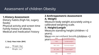 Assessment of children Obesity
1.History Assessment
Dietary habits (high-fat, sugary
foods)
Physical activity and screen time
Family history of obesity
Medical and medication history
2 Anthropometric Assessment
A. Weight
Measure body weight accurately using a
calibrated weighing scale.
B. Height/Length
Measure standing height (children >2
years).
Measure recumbent length (children <2
years).
 