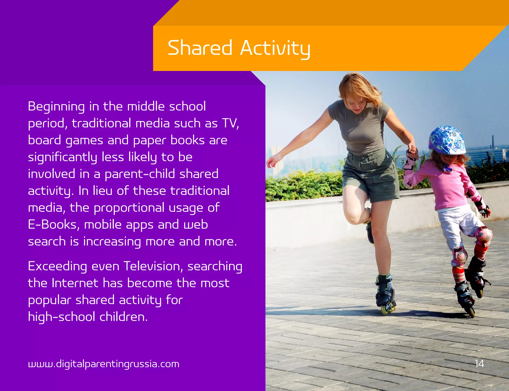 Shared Activity

Beginning in the middle school
period, traditional media such as TV,
board games and paper books are
significantly less likely to be
involved in a parent-child shared
activity. In lieu of these traditional
media, the proportional usage of
E-Books, mobile apps and web
search is increasing more and more.
Exceeding even Television, searching
the Internet has become the most
popular shared activity for
high-school children.


www.digitalparentingrussia.com               14
 