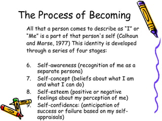 The Process of Becoming All that a person comes to describe as “I” or “ Me” is a part of that person's self (Calhoun and Morse, 1977) This identity is developed through a series of four stages:  Self-awareness (recognition of me as a separate persona) Self-concept (beliefs about what I am and what I can do) Self-esteem (positive or negative feelings about my perception of me) Self-confidence: (anticipation of success or failure based on my self-appraisals) 