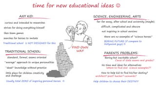 time for new educational ideas  
ANY KID: 
strives for doing everything himself 
likes team games 
searches for heroes to imitate 
TRADITIONAL SCHOOL: 
standard, formal, exams oriented 
“average” approach to unique personalities 
little place for children creativity 
and challenge 
Usually total ZERO of inspiring personal heroes  
far-far away, after school and university (maybe) 
difficult, complicated and obscure 
not inspiring in school versions 
there are no examples of “science heroes” 
BORING FUTURE (if compare to 
Hollywood guys)  
PARENTS PROBLEMS: 
Boring but inevitable school? 
Cause of state exams and grades? 
No time and ideas for alternatives 
Traditional school is NOT DESIGNED for this 
Where to find real science examples?? 
How to help kid to find his/her destiny? 
architect? poet? hacker? Leonardo? 
curious and intended to researches 
SCIENCE, ENGINEERING, ARTS 
Help children to choose their DESTINY! 
FIND OWN 
WAY 
“dead” knowledge without practice 
 