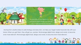 We press play on your digital story. Using
conceptual, digital design, we work with
you to build experiences that feel
Moving from creative ideas to solid strategy and execution, we help your target market resonate fully with your
brand. When you get them, they will get you, quicker. We leverage digital tools, design and words, to become
even more relevant. We leverage digital tools, design and words, to become even more relevant.
 