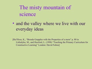 The misty mountain of
science
• and the valley where we live with our
everyday ideas
[Ref Ross, K., “Brenda Grapples with the Properties of a mern” p. 80 in
Littledyke, M., and Huxford, L. (1998) “Teaching the Primary Curriculum for
Constructive Learning” London: David Fulton]
 