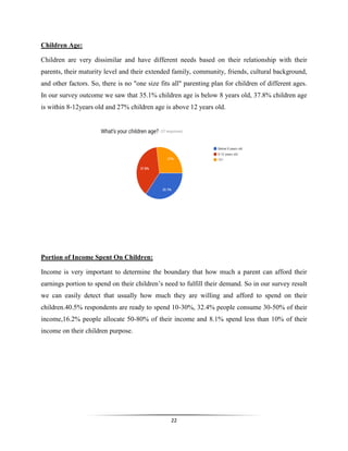 22
Children Age:
Children are very dissimilar and have different needs based on their relationship with their
parents, their maturity level and their extended family, community, friends, cultural background,
and other factors. So, there is no "one size fits all" parenting plan for children of different ages.
In our survey outcome we saw that 35.1% children age is below 8 years old, 37.8% children age
is within 8-12years old and 27% children age is above 12 years old.
Portion of Income Spent On Children:
Income is very important to determine the boundary that how much a parent can afford their
earnings portion to spend on their children’s need to fulfill their demand. So in our survey result
we can easily detect that usually how much they are willing and afford to spend on their
children.40.5% respondents are ready to spend 10-30%, 32.4% people consume 30-50% of their
income,16.2% people allocate 50-80% of their income and 8.1% spend less than 10% of their
income on their children purpose.
 