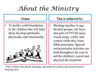 About the Ministry
                Vision                                This is achieved by:

• To build a solid foundation                  • Meeting together in age
  in the children that will help                 divided groups, our boys
  them develop spiritually,                      and girls of FYCM enjoy
  physically, and emotionally.                   visual songs, crafts, and
                                                 contest while they learn
                                                 Bible principles. Special
                                                 extracurricular activities are
                                                 held throughout the year to
                                                 aid the children’s social and
                                                 physical development.

“Train a child in the way he should go, and when he is old he will not turn from it”
Proverbs 22:6
 