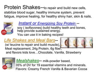 Protein Shakes--to repair and build new cells,
stabilize blood sugar, healthy immune system, prevent
fatigue, improve healing, for healthy shiny hair, skin & nails.
Instant or Energizing Soy Protein --
soy ( isoflavones) build healthy teeth and bones,
help provide sustained energy.
You can use it in baking recipes!
Life Shakes and Meal Bars--
(w/ leucine to repair and build muscle),
Meal replacement, 24g Protein, 6g fiber,
and flavors kids love…Chocolate, Vanilla, Strawberry
Mealshakes-- milk-powder based,
35% of DV for 19 essential vitamins and minerals.
Flavors: Creamy French Vanilla & Bavarian Cocoa
 